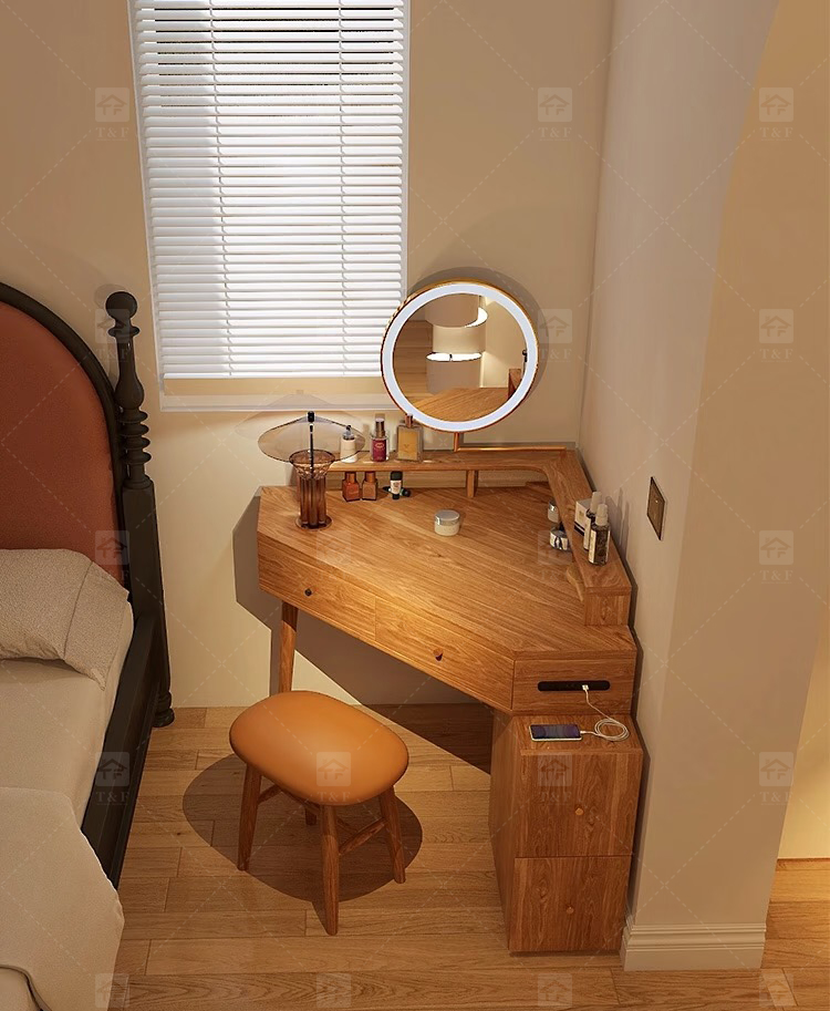 Wholesale Modern Triangle Corner Vanity Table Set LED Light Mirror Storage Drawers Stool Small Space Bedroom Hotel Use