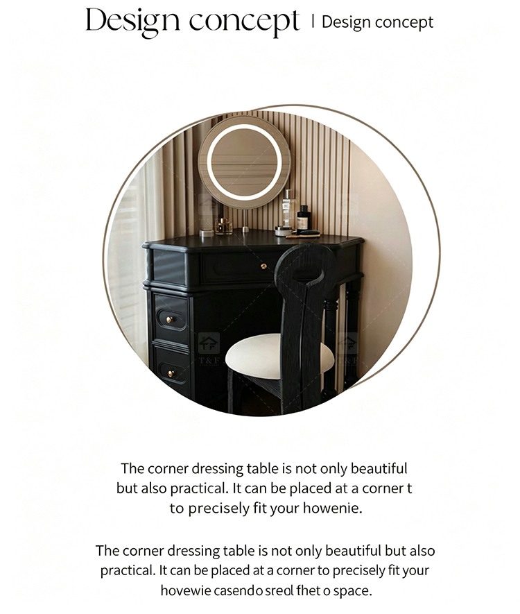 Wholesale Modern Triangle Corner Vanity Table Set LED Light Mirror Storage Drawers Stool Small Space Bedroom Hotel Use