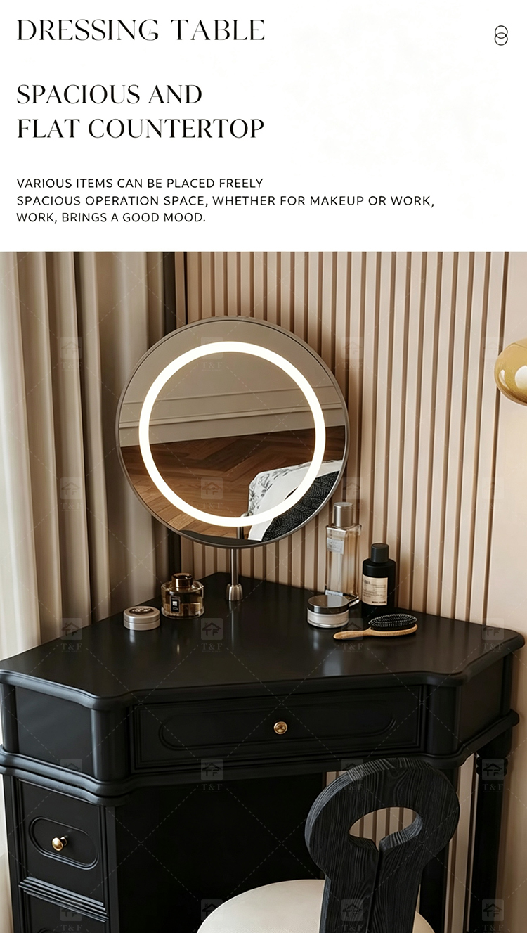 Wholesale Modern Triangle Corner Vanity Table Set LED Light Mirror Storage Drawers Stool Small Space Bedroom Hotel Use