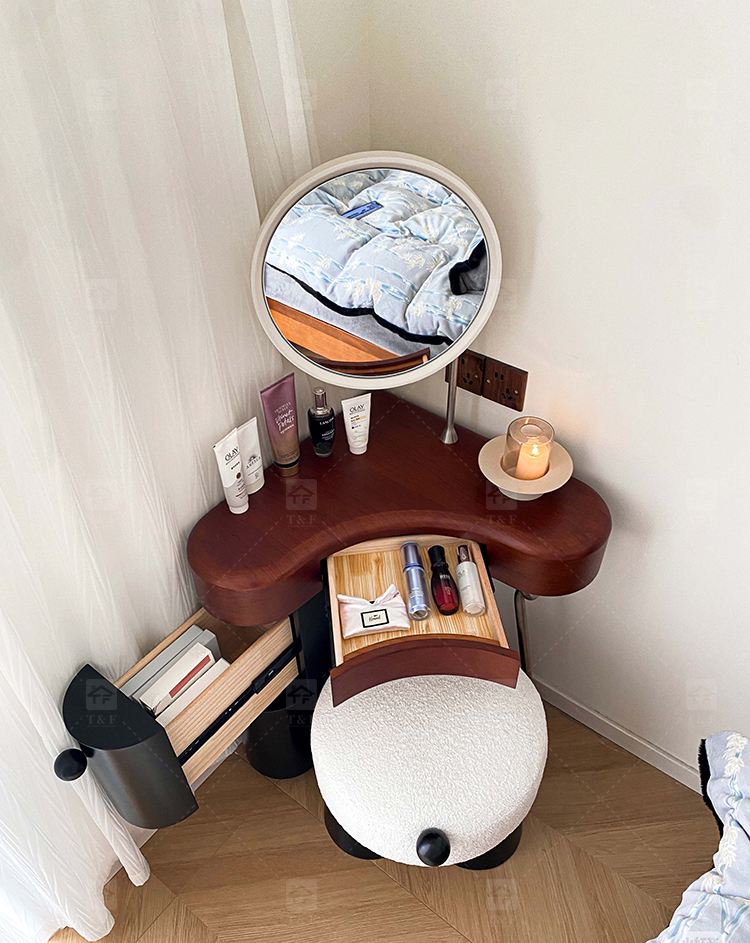 Wholesale Modern Triangle Corner Vanity Table Set LED Light Mirror Storage Drawers Stool Small Space Bedroom Hotel Use