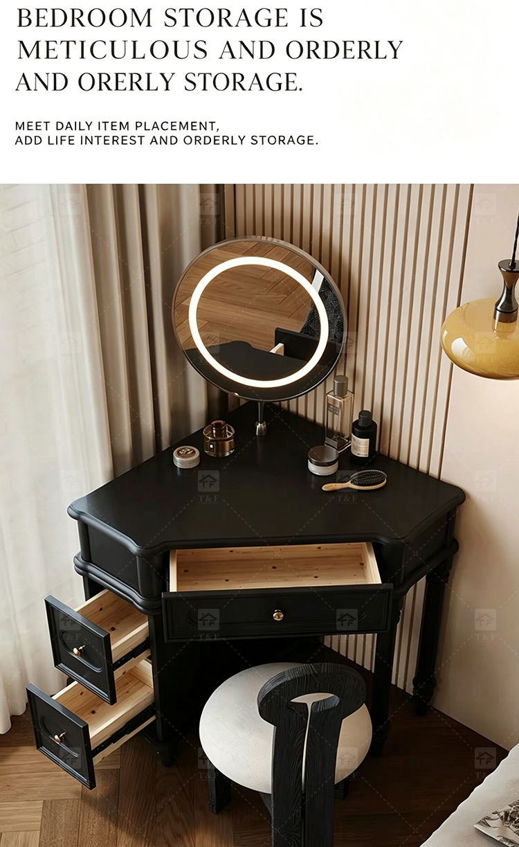 Wholesale Modern Triangle Corner Vanity Table Set LED Light Mirror Storage Drawers Stool Small Space Bedroom Hotel Use