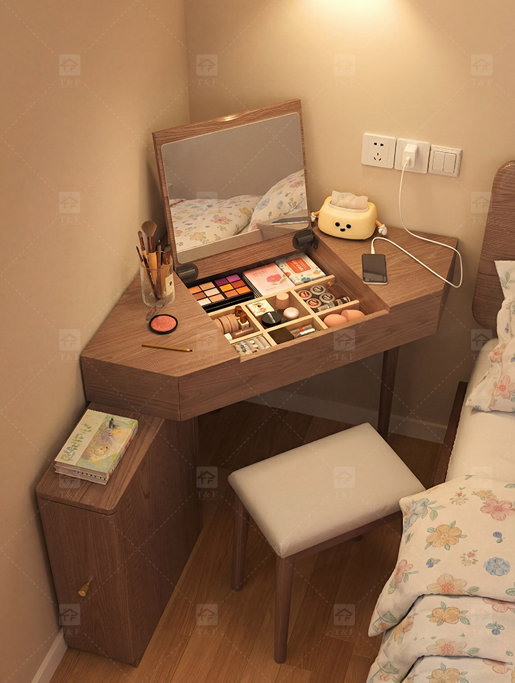 Wholesale Modern Triangle Corner Vanity Table Set LED Light Mirror Storage Drawers Stool Small Space Bedroom Hotel Use