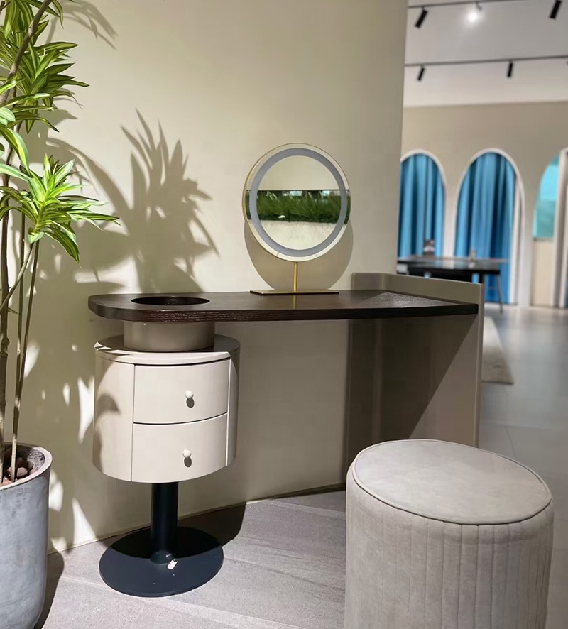 Hot Sale Italian Minimalist Solid Wood Vanity Table Set with Curved Matte Top Rotatable Cube Drawer for Bedroom & Bathroom
