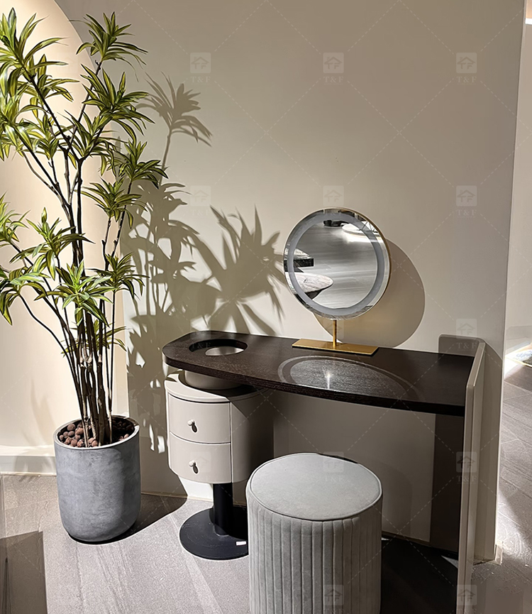 Hot Sale Italian Minimalist Solid Wood Vanity Table Set with Curved Matte Top Rotatable Cube Drawer for Bedroom & Bathroom