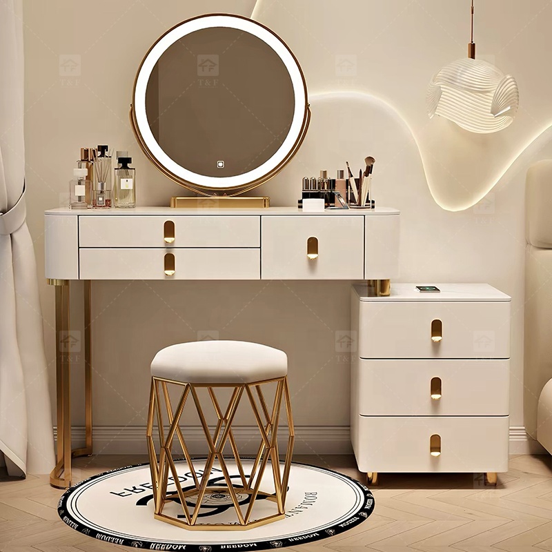 Modern Light Luxury Smart Vanity Dressing Table LED Mirror Wireless Charging Bluetooth Speaker Storage Cabinet Hotel Bedroom