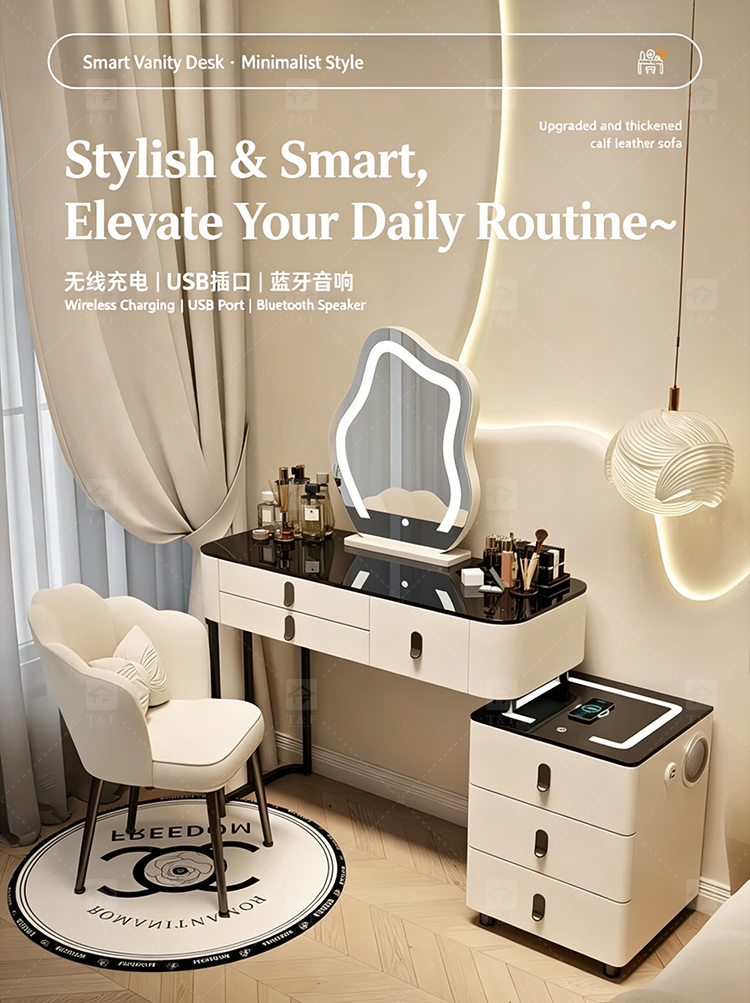 Modern Light Luxury Smart Vanity Dressing Table LED Mirror Wireless Charging Bluetooth Speaker Storage Cabinet Hotel Bedroom
