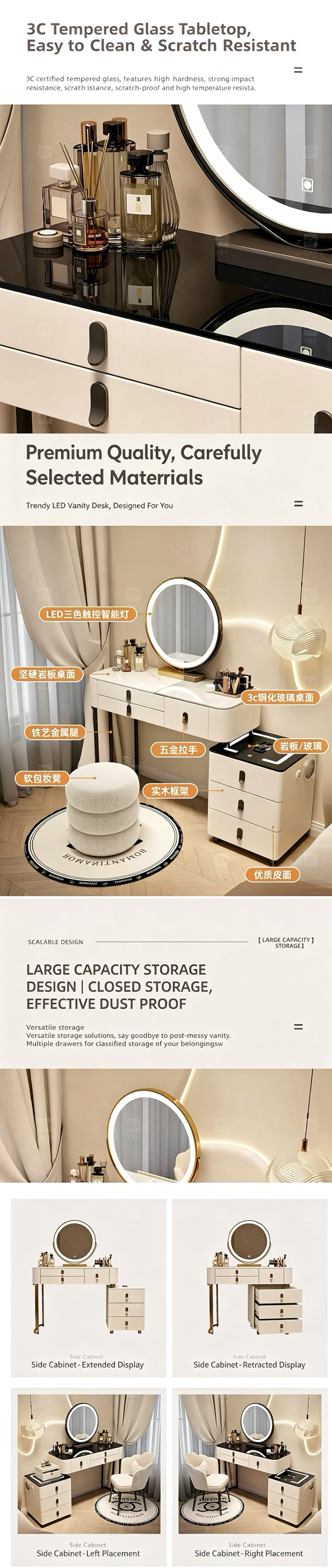 Modern Light Luxury Smart Vanity Dressing Table LED Mirror Wireless Charging Bluetooth Speaker Storage Cabinet Hotel Bedroom