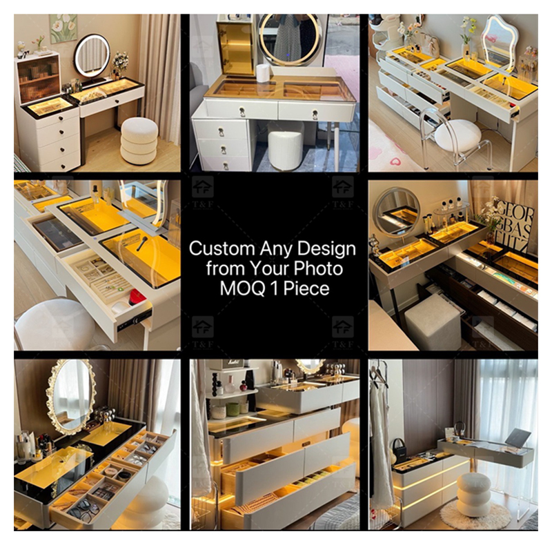 Modern Lighted Ins Aesthetic Cream White Makeup Dressing Table Tempered Glass Top Dustproof Jewelry Storage Bedroom Bathroom