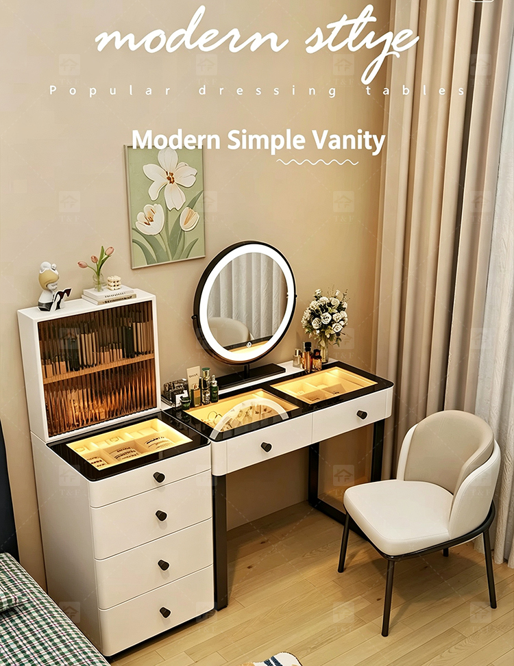 Modern Lighted Ins Aesthetic Cream White Makeup Dressing Table Tempered Glass Top Dustproof Jewelry Storage Bedroom Bathroom