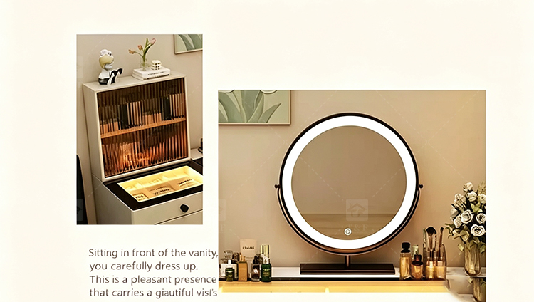 Modern Lighted Ins Aesthetic Cream White Makeup Dressing Table Tempered Glass Top Dustproof Jewelry Storage Bedroom Bathroom