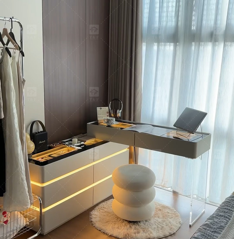 Modern Lighted Ins Aesthetic Cream White Makeup Dressing Table Tempered Glass Top Dustproof Jewelry Storage Bedroom Bathroom