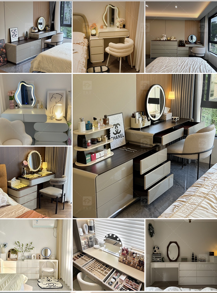 Modern Lighted Ins Aesthetic Cream White Makeup Dressing Table Tempered Glass Top Dustproof Jewelry Storage Bedroom Bathroom