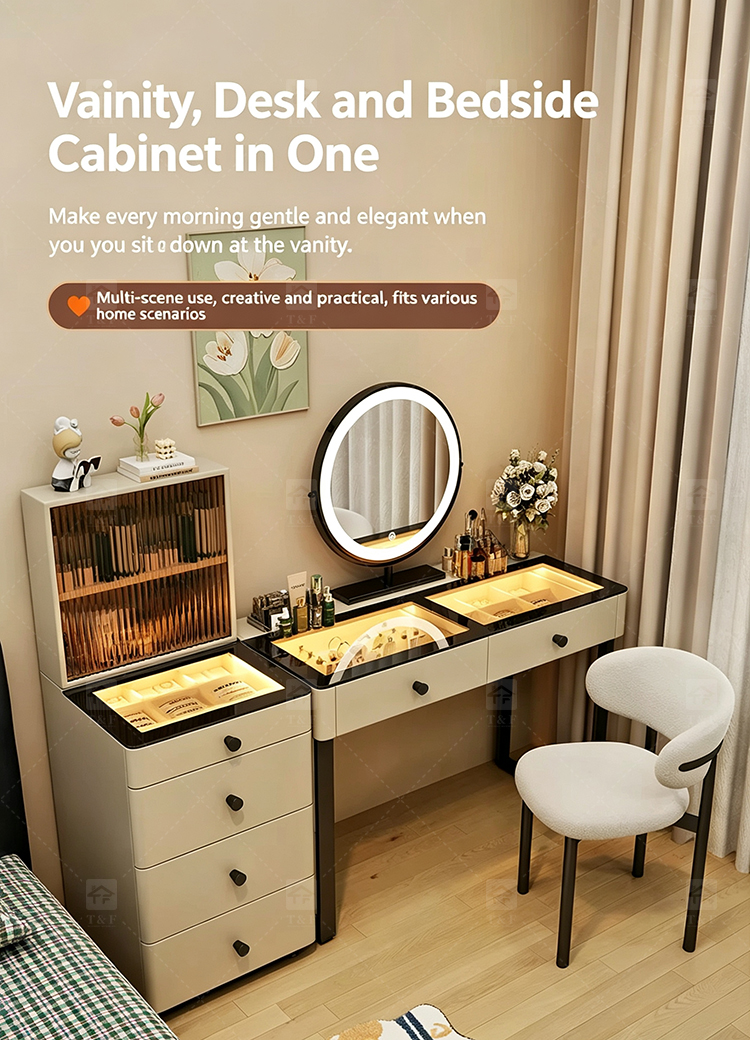Modern Lighted Ins Aesthetic Cream White Makeup Dressing Table Tempered Glass Top Dustproof Jewelry Storage Bedroom Bathroom