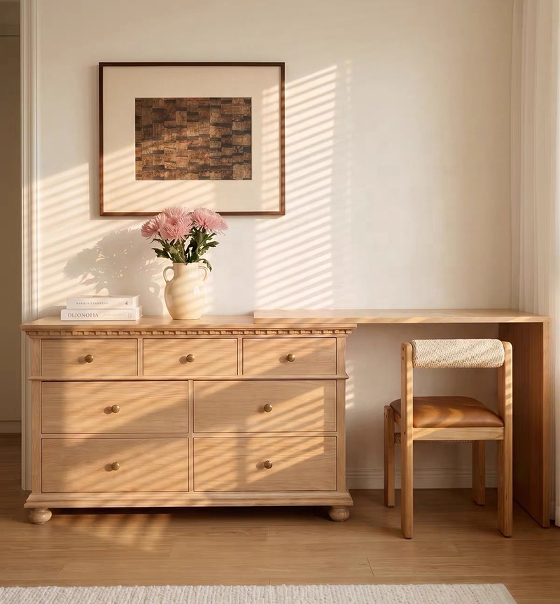 Modern Lighted Solid Wood Makeup Vanity Chest Round Anti-collision Corner Storage Cabinet for Bedroom & Bathroom Use