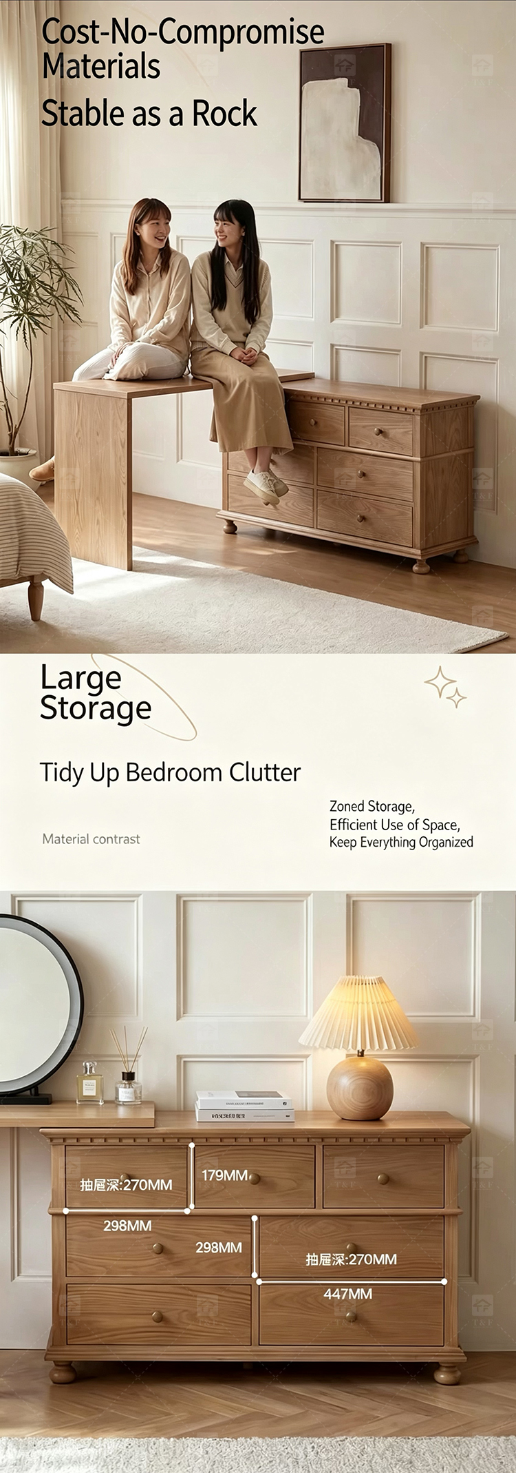 Modern Lighted Solid Wood Makeup Vanity Chest Round Anti-collision Corner Storage Cabinet for Bedroom & Bathroom Use