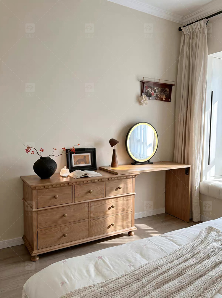 Modern Lighted Solid Wood Makeup Vanity Chest Round Anti-collision Corner Storage Cabinet for Bedroom & Bathroom Use