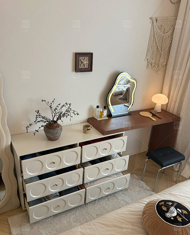 Modern Lighted Solid Wood Makeup Vanity Chest Round Anti-collision Corner Storage Cabinet for Bedroom & Bathroom Use