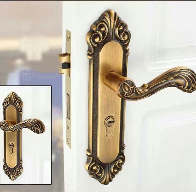 Modern Door Lever Handle Set Scroll Engraved Lock 304 Stainless Steel Brass Finish Easy Installation Hotel Apartment Use