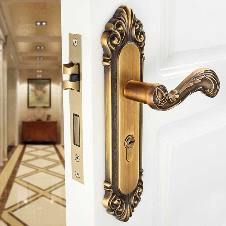 Modern Door Lever Handle Set Scroll Engraved Lock 304 Stainless Steel Brass Finish Easy Installation Hotel Apartment Use