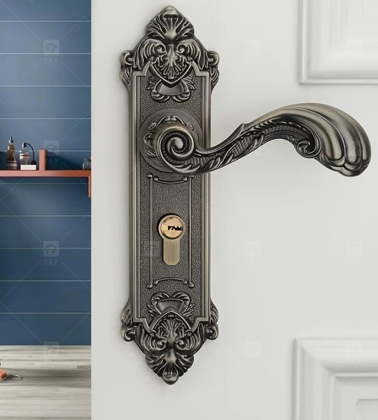 Modern Door Lever Handle Set Scroll Engraved Lock 304 Stainless Steel Brass Finish Easy Installation Hotel Apartment Use