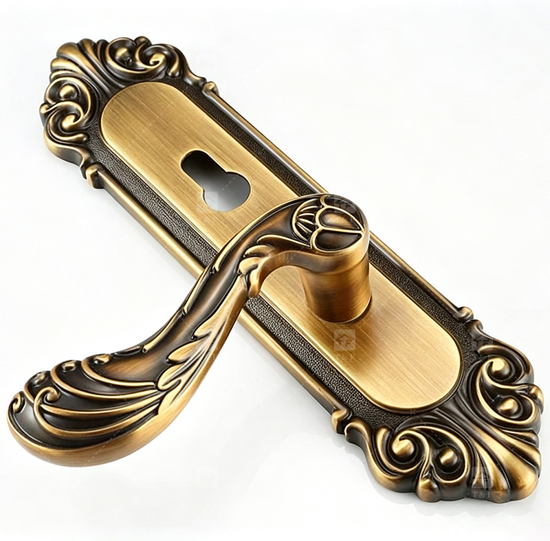 Modern Door Lever Handle Set Scroll Engraved Lock 304 Stainless Steel Brass Finish Easy Installation Hotel Apartment Use