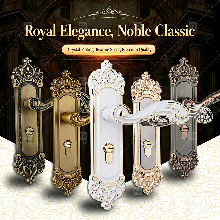 Modern Door Lever Handle Set Scroll Engraved Lock 304 Stainless Steel Brass Finish Easy Installation Hotel Apartment Use