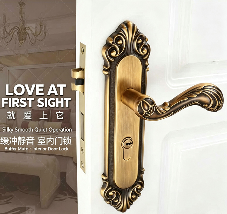 Modern Door Lever Handle Set Scroll Engraved Lock 304 Stainless Steel Brass Finish Easy Installation Hotel Apartment Use