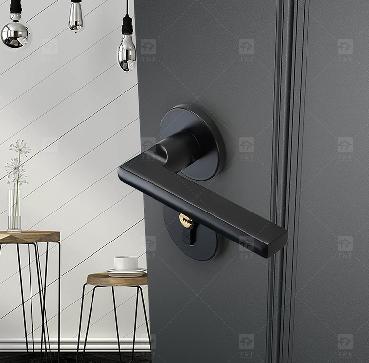 Matte Black Modern Minimalist Villa Door Handle Interior Wood Door Lever Lock Anti-Fingerprint Easy Clean Ambidextrous