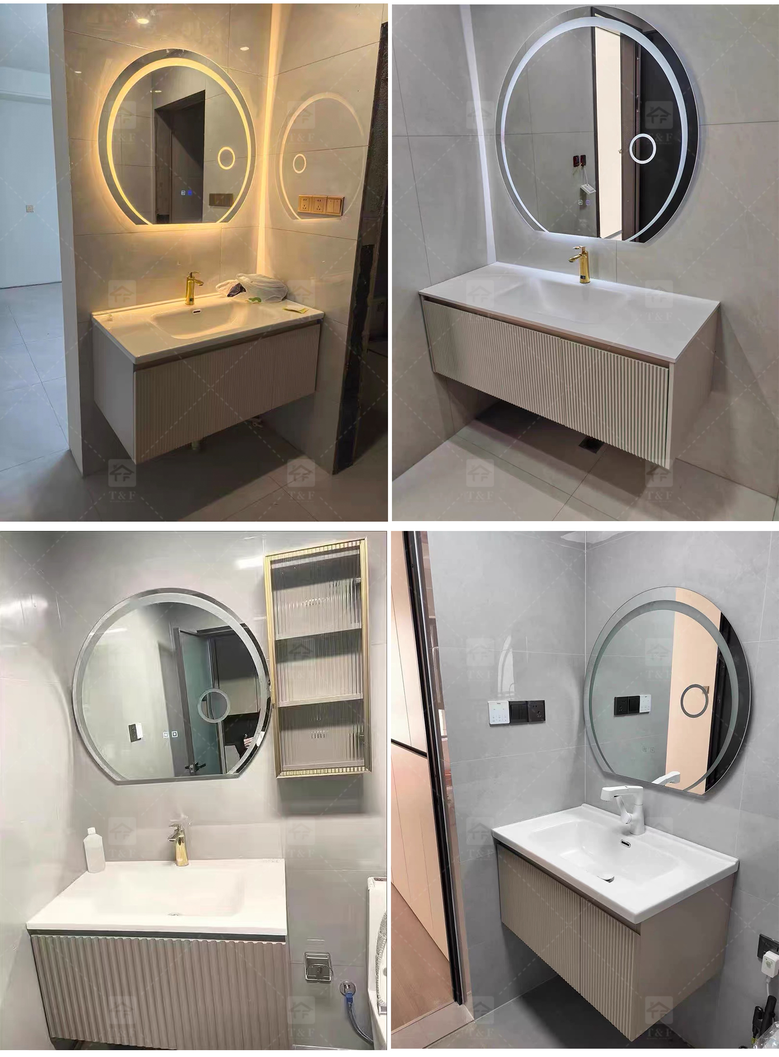 Modern Wall-Mounted Floating Bathroom Vanity with 3D Fluted Cabinet Front, Integrated Basin Sink and LED Half Moon Mirror
