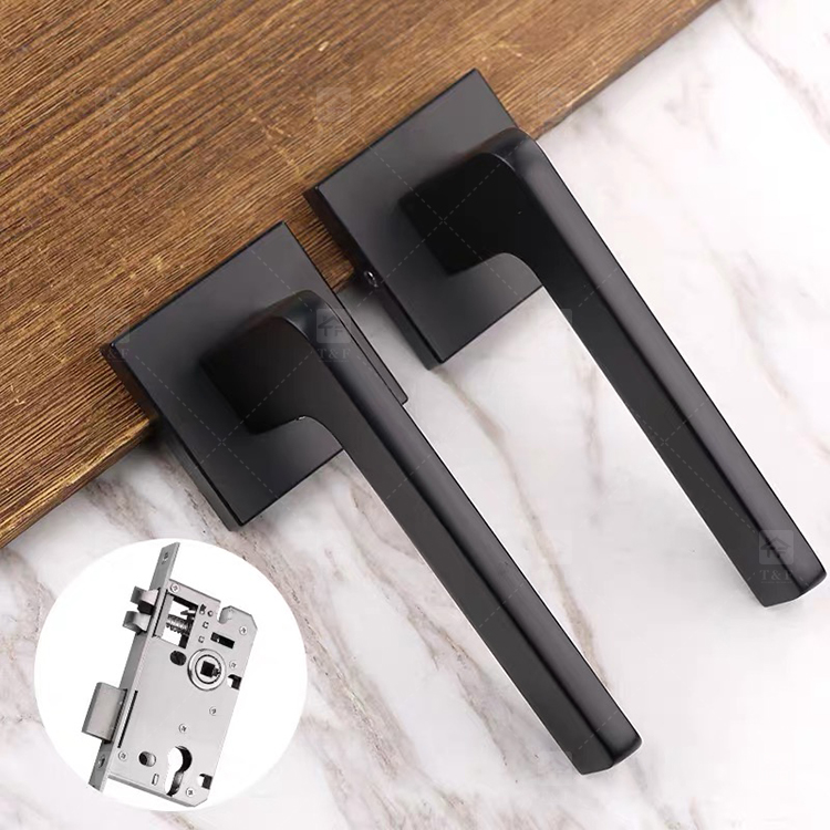 Simple Design Square Rose Interior Split Door Lock Matte Gunmetal Door Lever Handle Set With Key