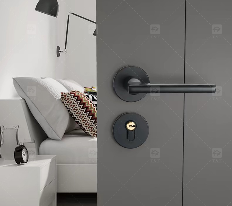 Simple Design Square Rose Interior Split Door Lock Matte Gunmetal Door Lever Handle Set With Key