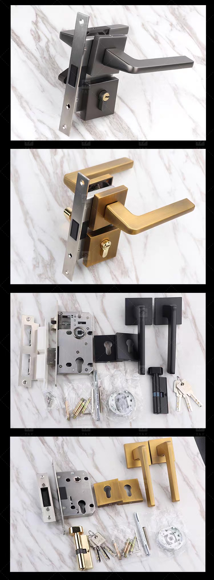 Simple Design Square Rose Interior Split Door Lock Matte Gunmetal Door Lever Handle Set With Key